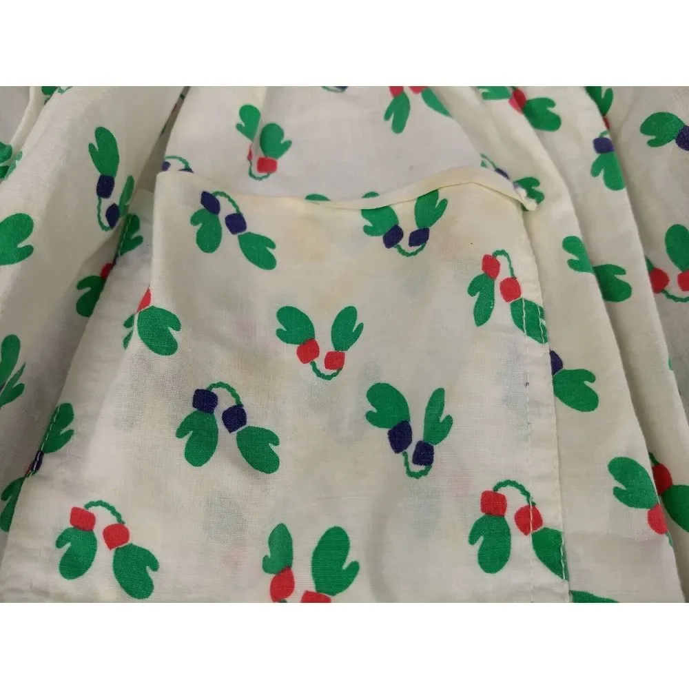 Vintage Cloth HALF APRON Holiday Christmas Lights Mittens White Green Red Pocket